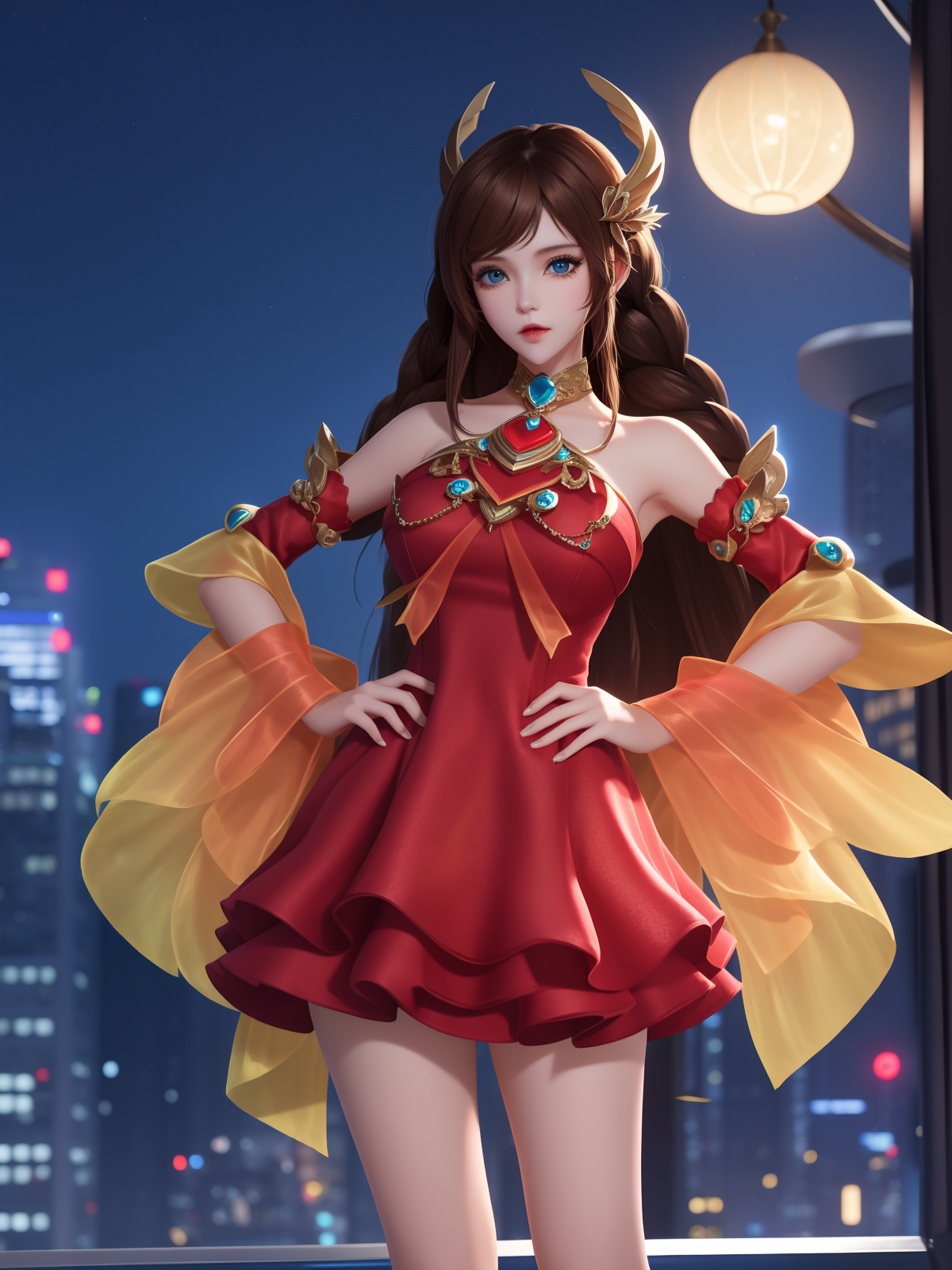 00019-2846422356-WZRYdaqiaoYP, 1girl, solo, long hair, brown hair, red dress, jewelry, bare shoulders, detached sleeves, blue eyes, hair ornament.png